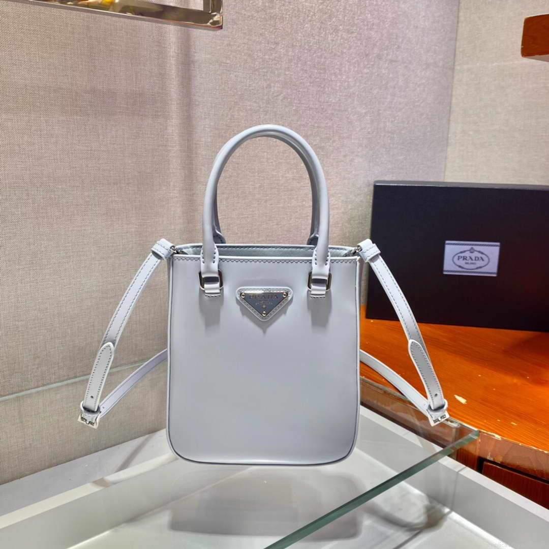 Prada 1BA331 Small Brushed Leather Tote Light Blue