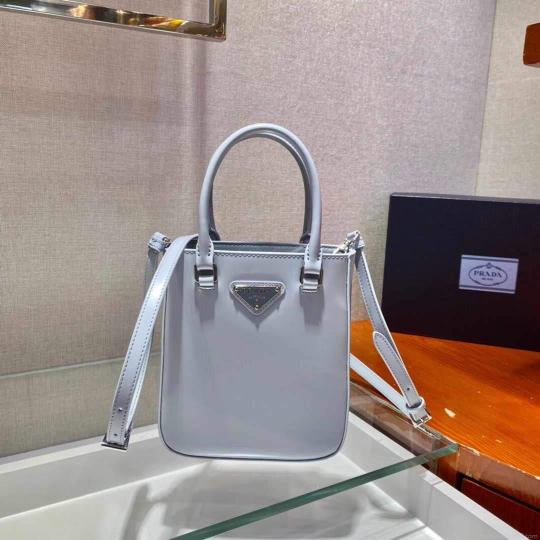 Prada 1BA331 Small Brushed Leather Tote Light Blue
