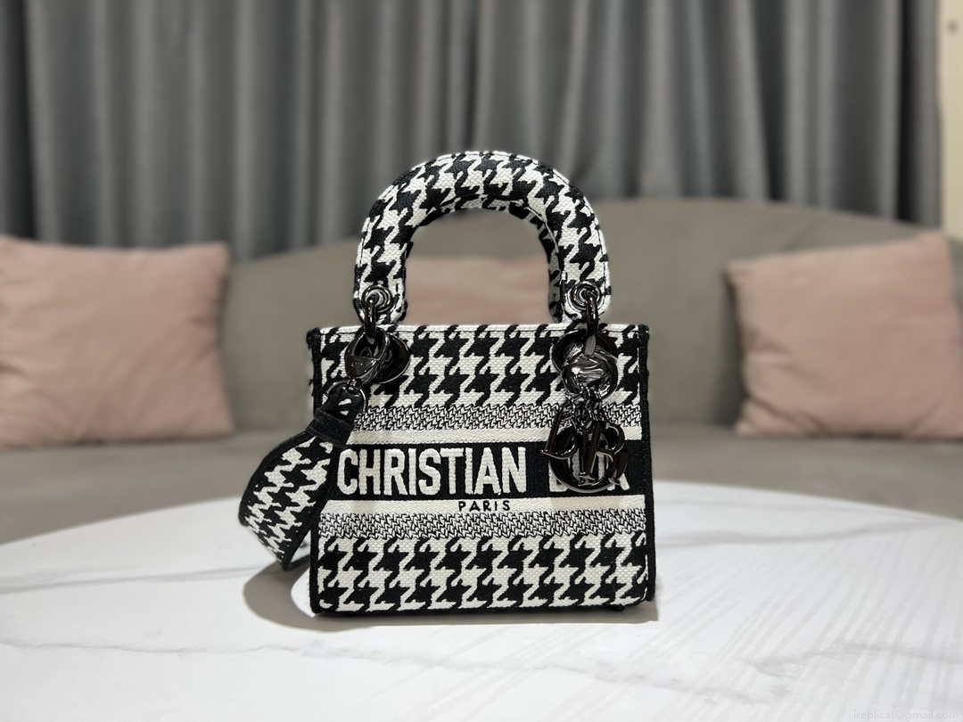 Dior M0500 MINI Lady D-LITE Bag Black and White Houndstooth Embroidery
