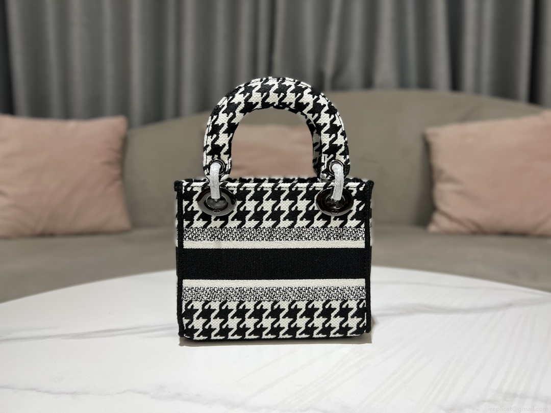 Dior M0500 MINI Lady D-LITE Bag Black and White Houndstooth Embroidery