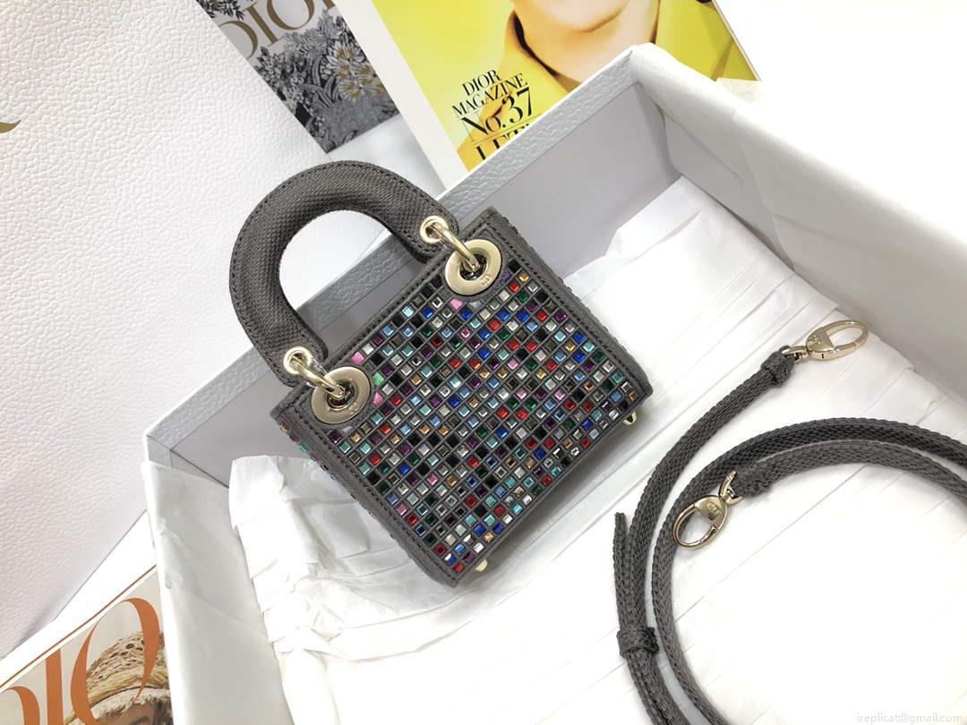 Dior S0856 Micro Lady Dior Bag Square Embroidery Set with Gray Multicolor Strass