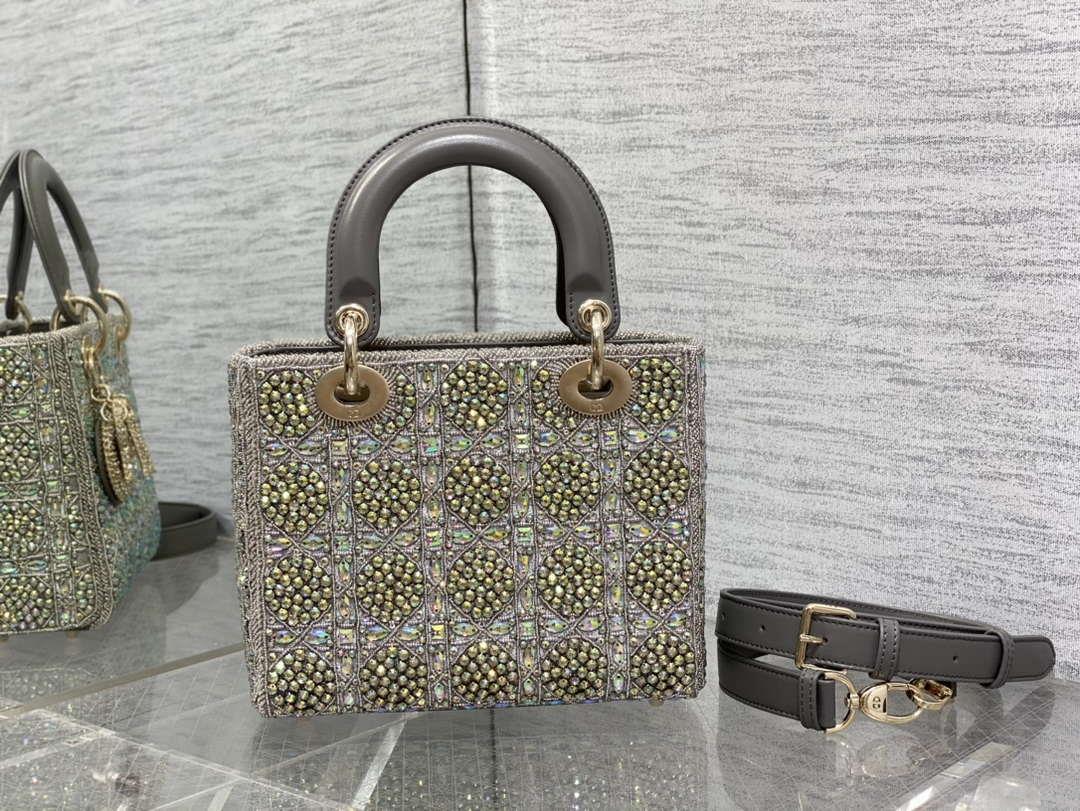 Dior Small Lady Bag Lambskin M0538 Limited Edition Heavy Industry Beads Gray
