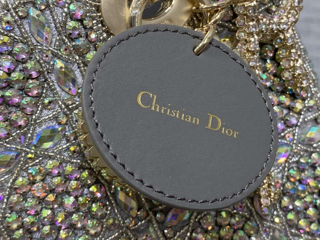 Dior Small Lady Bag Lambskin M0538 Limited Edition Heavy Industry Beads Gray