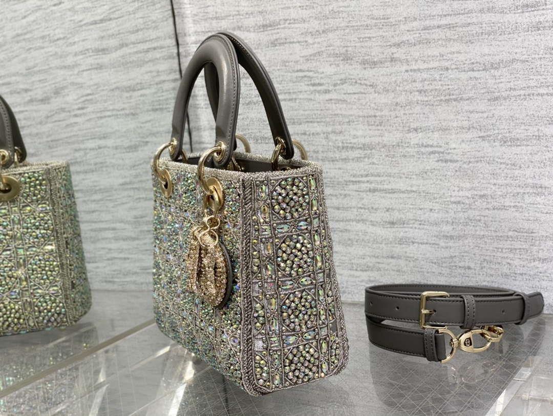 Dior Small Lady Bag Lambskin M0538 Limited Edition Heavy Industry Beads Gray