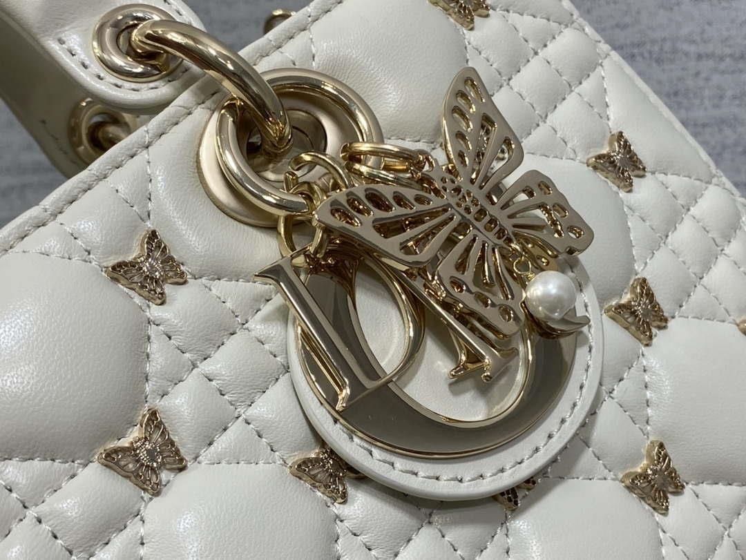 Dior M0540 Medium Lady D-Joy Bag White Cannage Lambskin with Gold-Finish Butterfly Studs