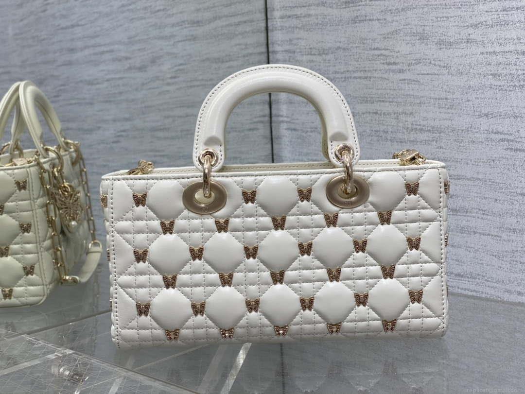 Dior M0540 Medium Lady D-Joy Bag White Cannage Lambskin with Gold-Finish Butterfly Studs