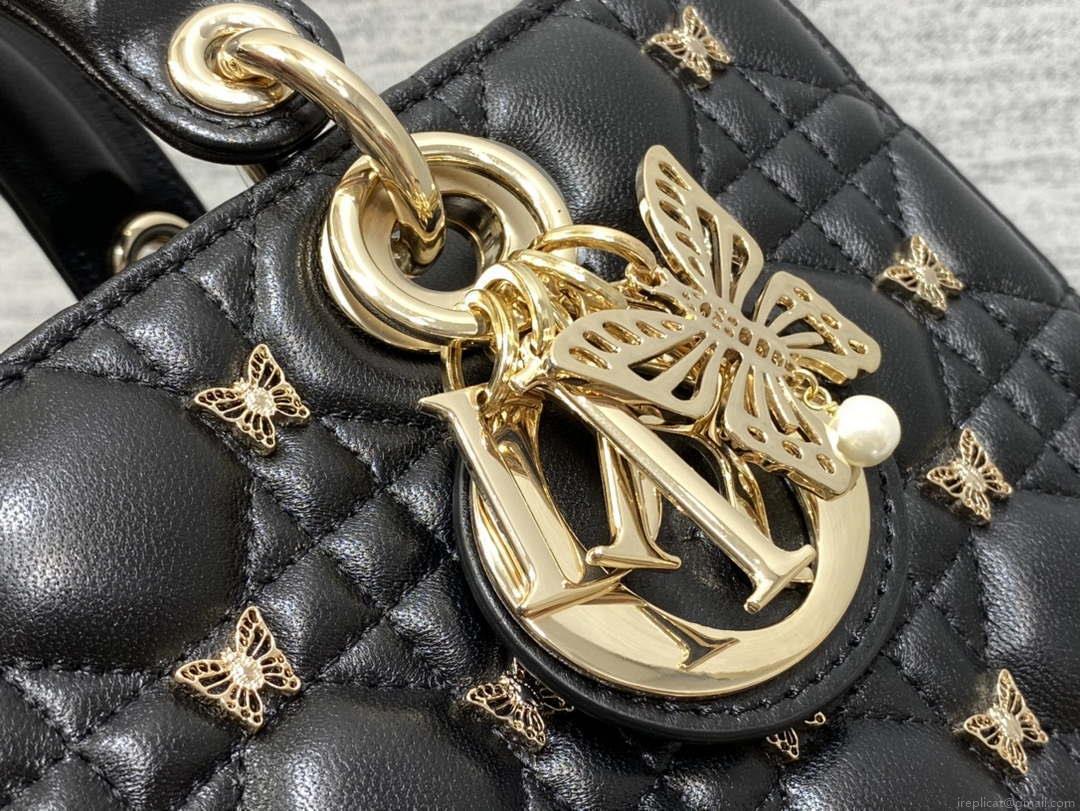 Dior M0540 Medium Lady D-Joy Bag Black Cannage Lambskin with Gold-Finish Butterfly Studs