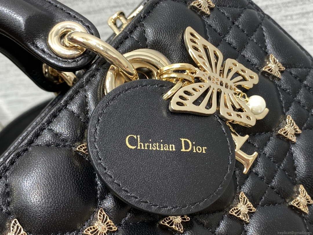 Dior M0540 Medium Lady D-Joy Bag Black Cannage Lambskin with Gold-Finish Butterfly Studs