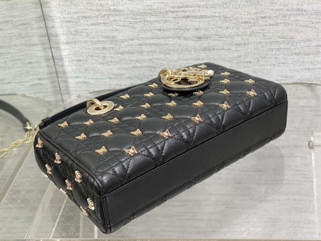 Dior M0540 Medium Lady D-Joy Bag Black Cannage Lambskin with Gold-Finish Butterfly Studs