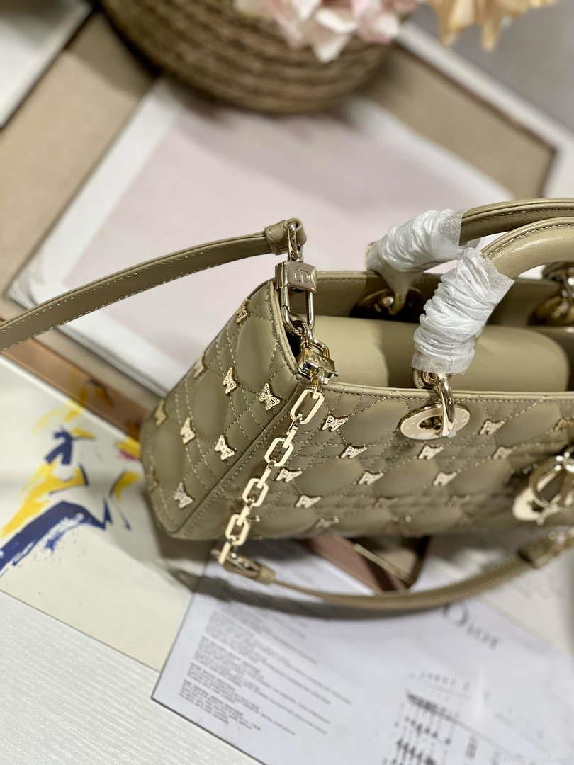 Dior M0540 Medium Lady D-Joy Bag Green Cannage Lambskin with Gold-Finish Butterfly Studs