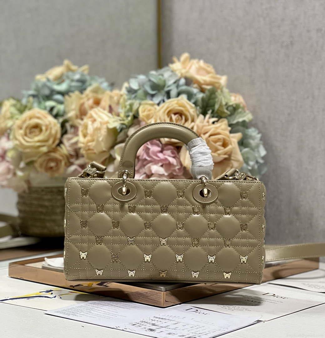 Dior M0540 Medium Lady D-Joy Bag Green Cannage Lambskin with Gold-Finish Butterfly Studs