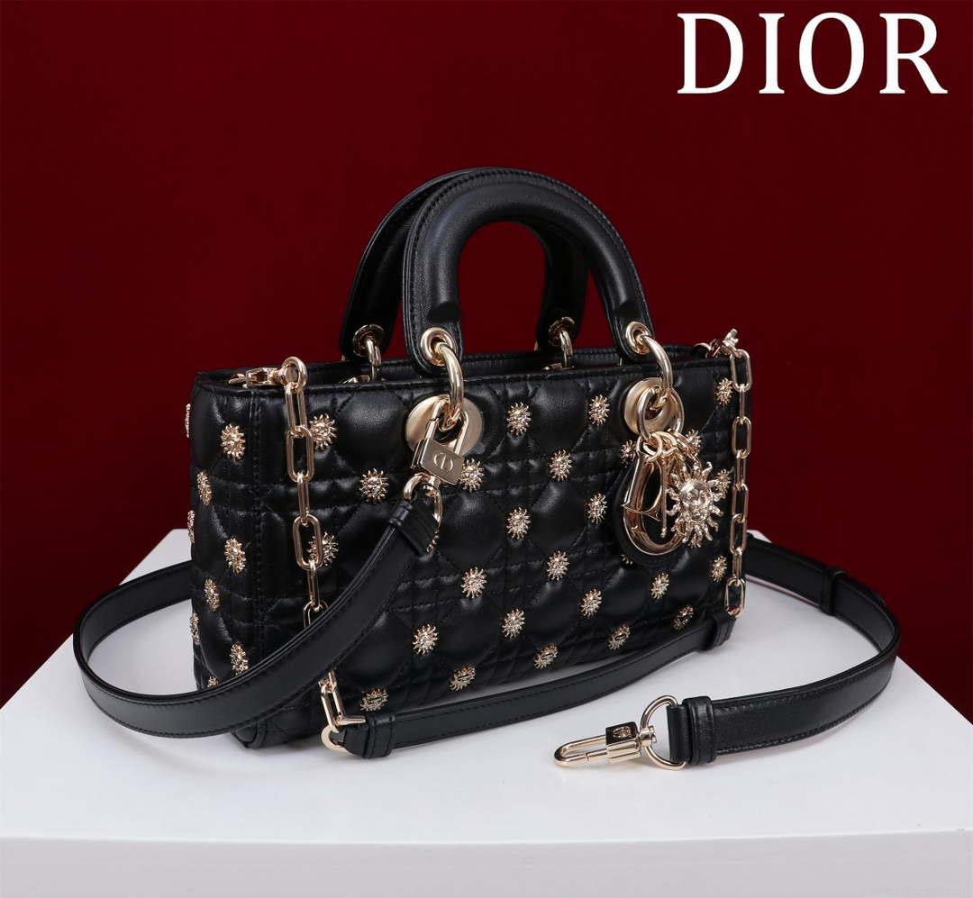 Dior M0540 Medium Lady D-Joy Bag Black Cannage Lambskin with Gold-Finish Sun Studs