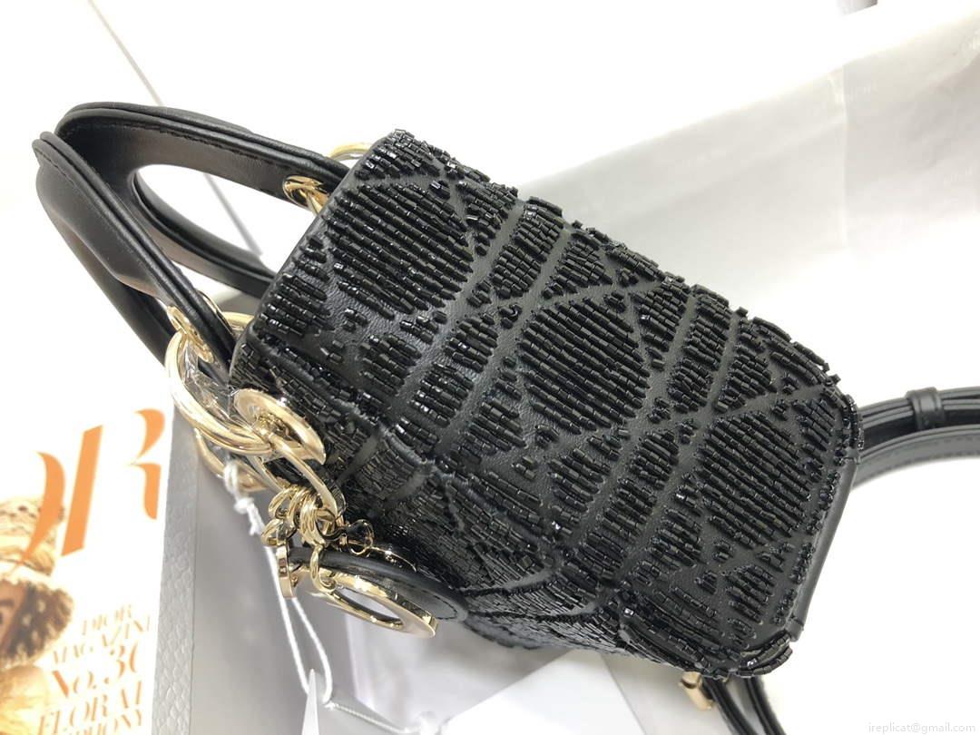 Dior S0856 MICRO LADY DIOR BAG Horizon Black Metallic Cannage Lambskin Embroidered with Beads