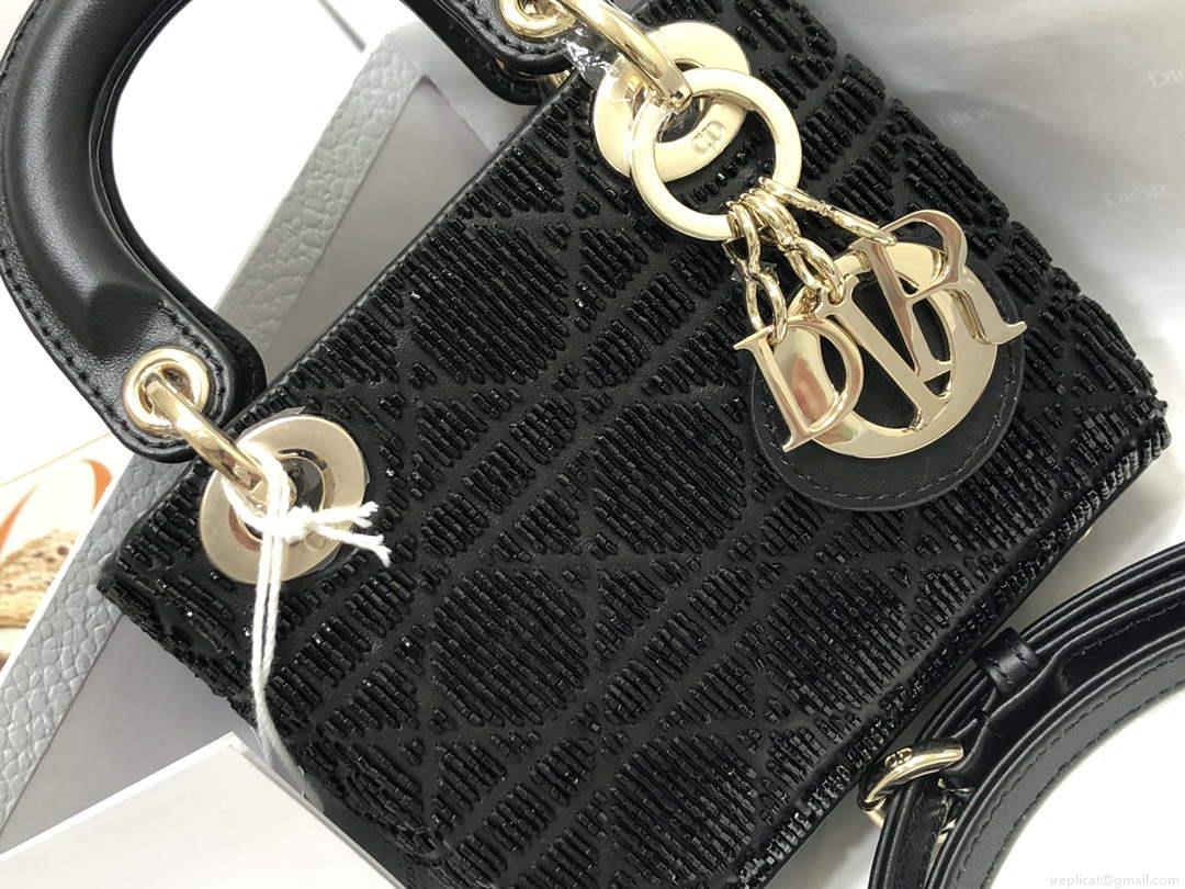 Dior S0856 MICRO LADY DIOR BAG Horizon Black Metallic Cannage Lambskin Embroidered with Beads
