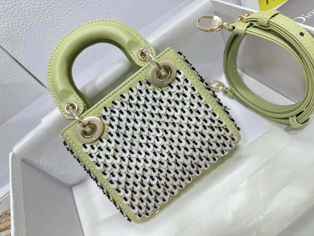 Dior S0856 Micro Lady Dior Bag Horizon Green Metallic Cannage Lambskin embroidery sequins
