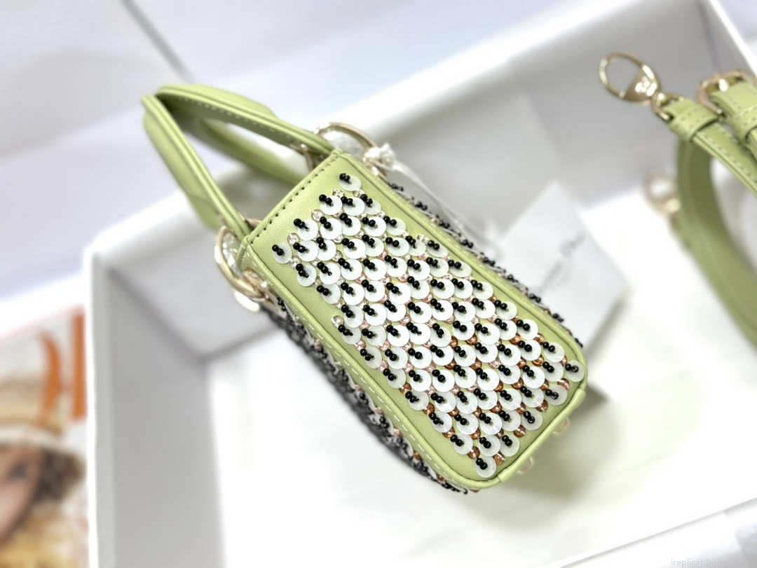 Dior S0856 Micro Lady Dior Bag Horizon Green Metallic Cannage Lambskin embroidery sequins