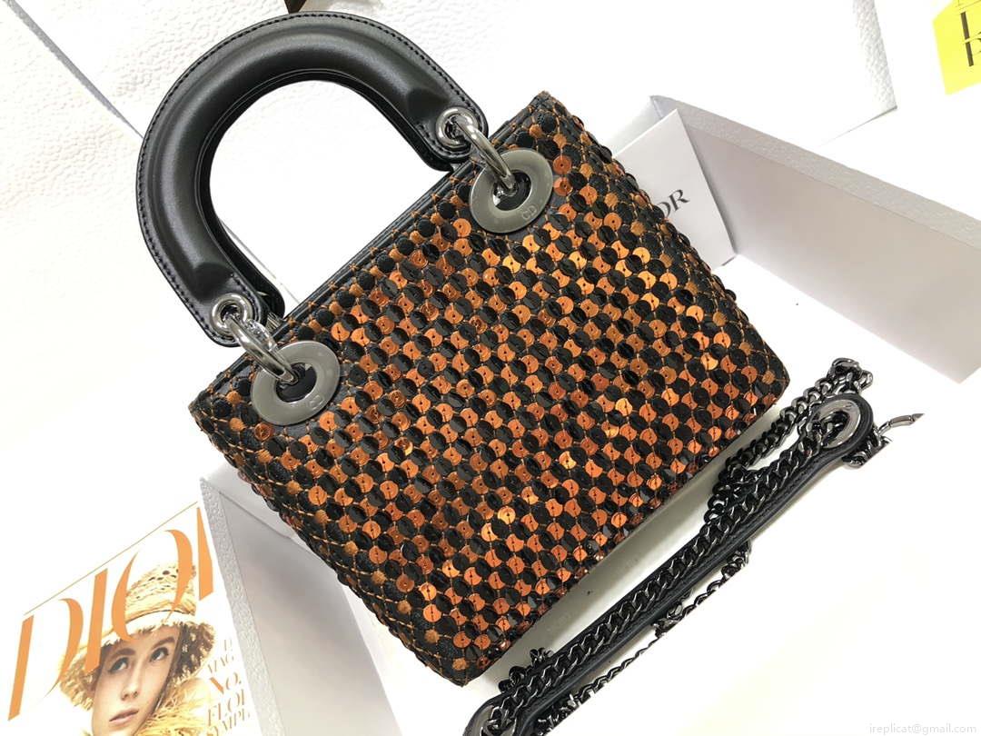 Dior S0856 Micro Lady Dior Bag Horizon Black Metallic Cannage Lambskin with Gold embroidery sequins