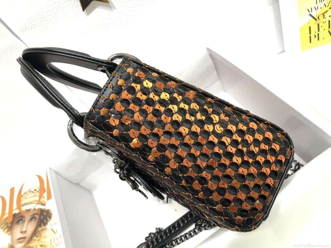 Dior S0856 Micro Lady Dior Bag Horizon Black Metallic Cannage Lambskin with Gold embroidery sequins
