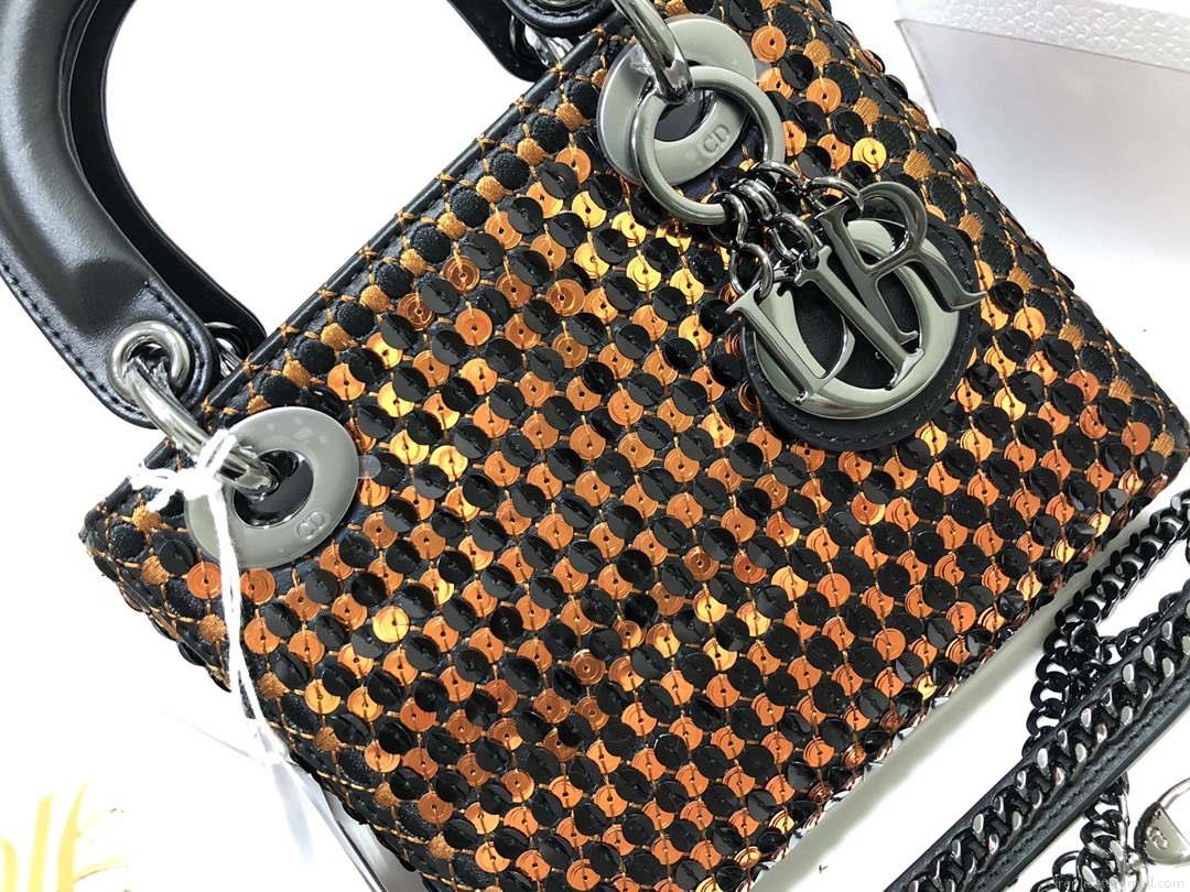 Dior S0856 Micro Lady Dior Bag Horizon Black Metallic Cannage Lambskin with Gold embroidery sequins