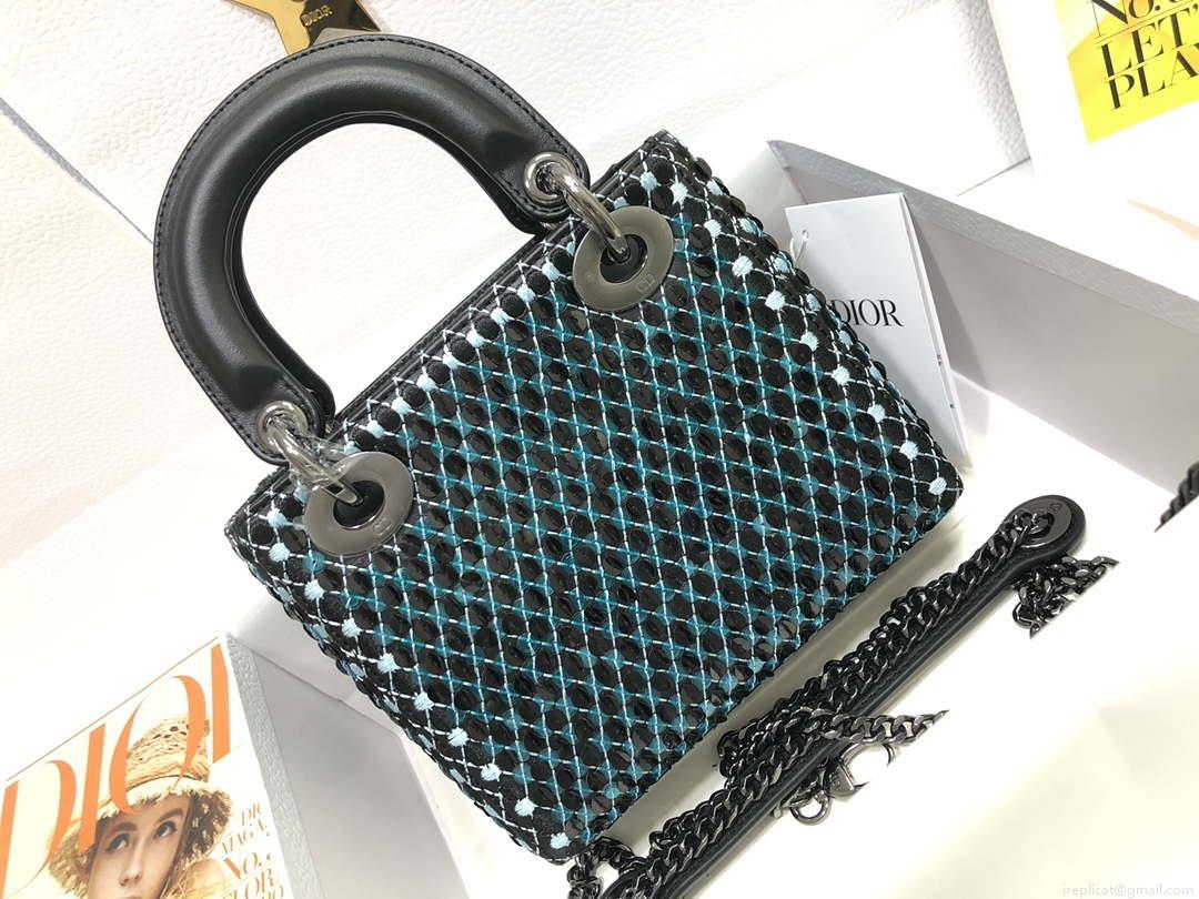 Dior S0856 Micro Lady Dior Bag Horizon Black Metallic Cannage Lambskin with Blue embroidery sequins