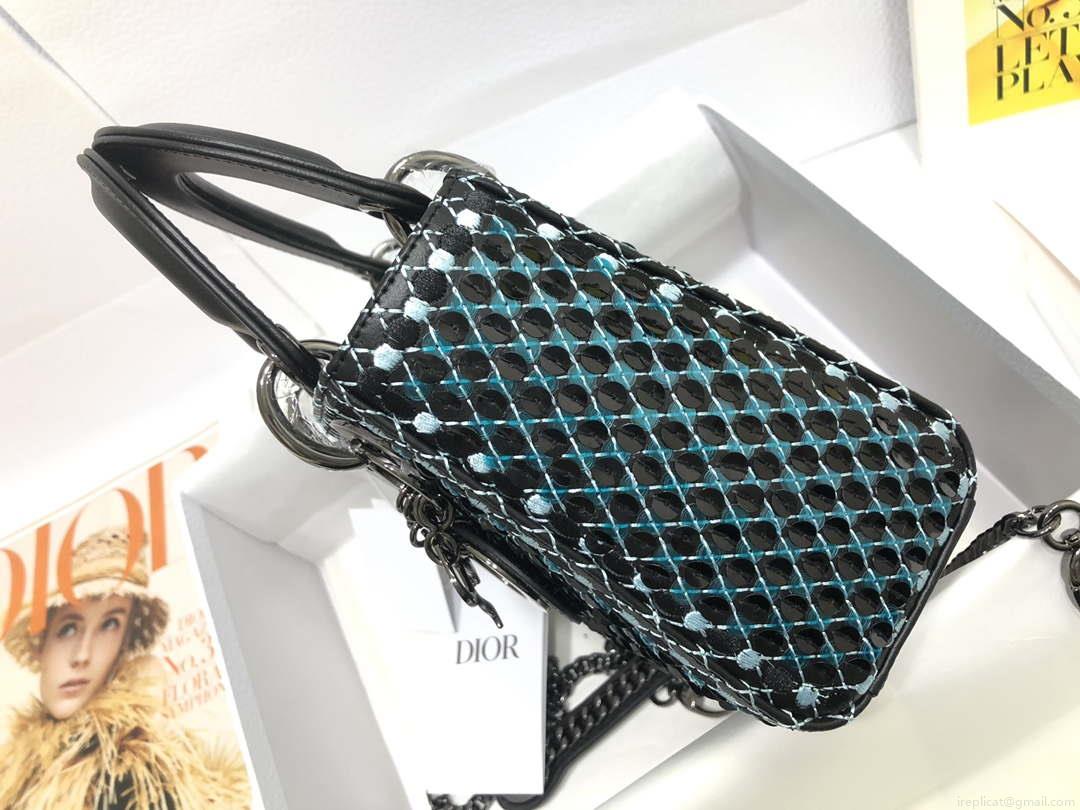 Dior S0856 Micro Lady Dior Bag Horizon Black Metallic Cannage Lambskin with Blue embroidery sequins
