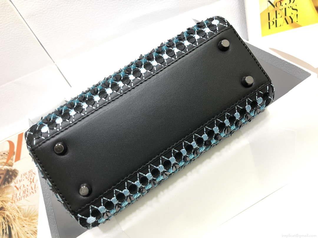 Dior S0856 Micro Lady Dior Bag Horizon Black Metallic Cannage Lambskin with Blue embroidery sequins