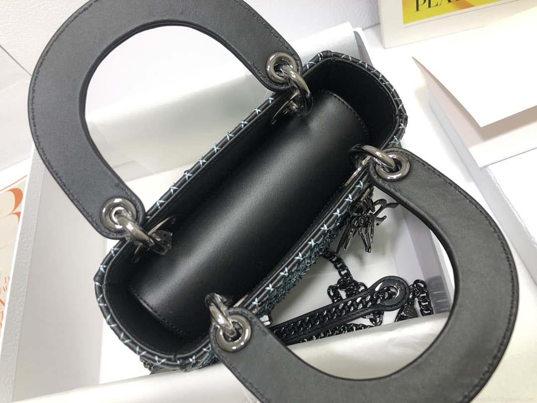 Dior S0856 Micro Lady Dior Bag Horizon Black Metallic Cannage Lambskin with Blue embroidery sequins