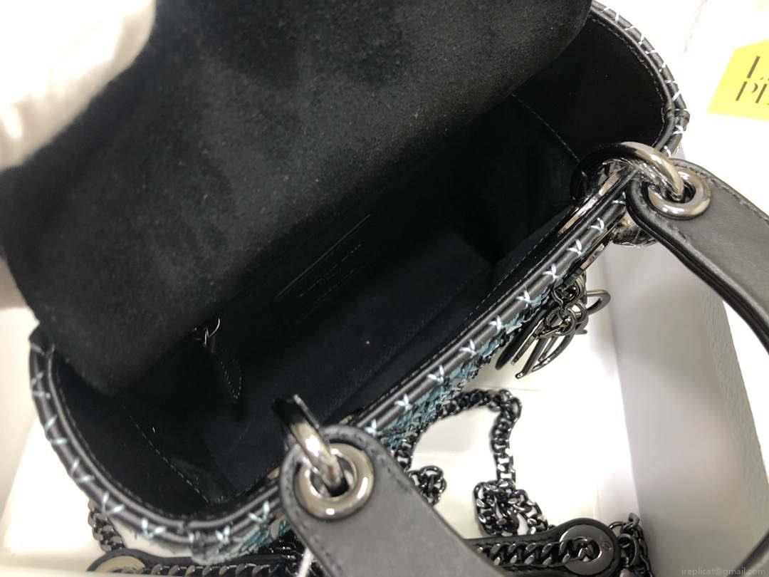 Dior S0856 Micro Lady Dior Bag Horizon Black Metallic Cannage Lambskin with Blue embroidery sequins