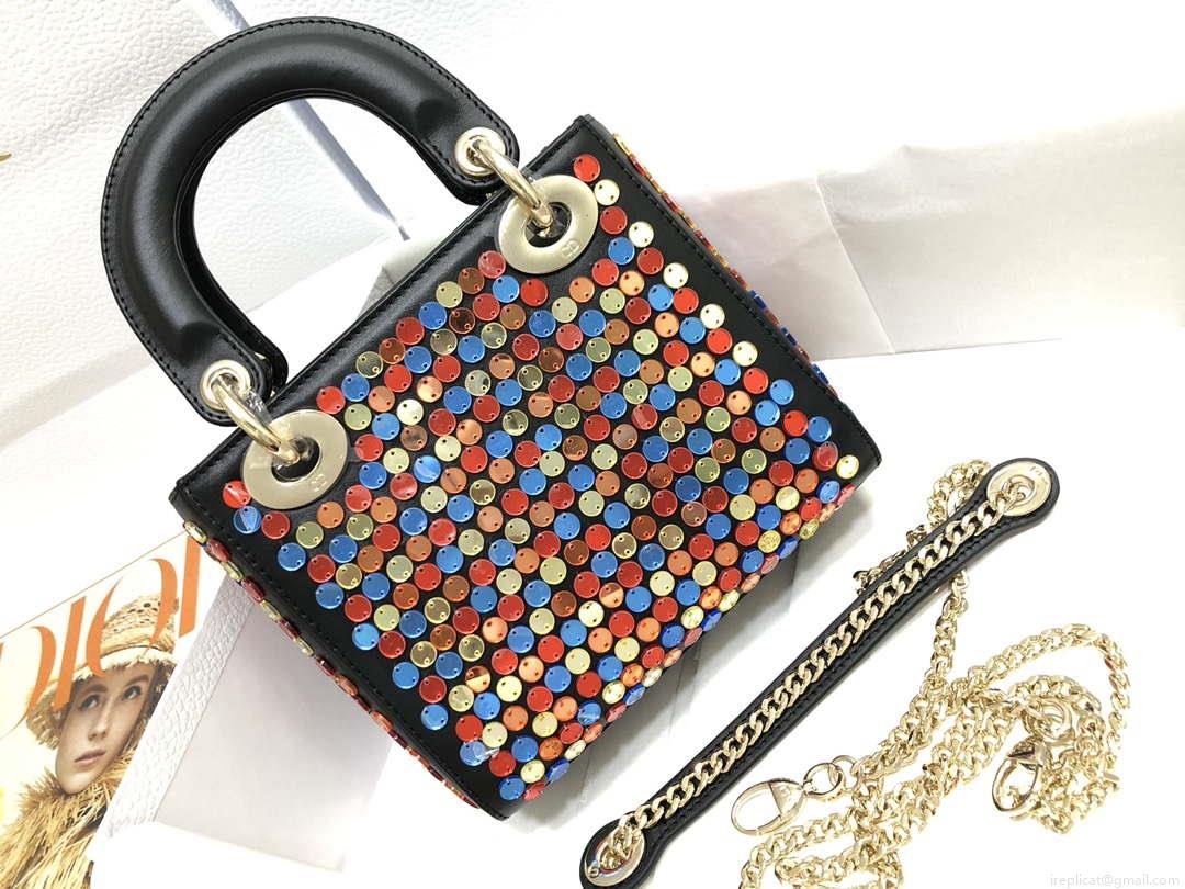 Dior S0856 Micro Lady Dior Bag Horizon Black Metallic Cannage Lambskin with multicolor embroidery sequins