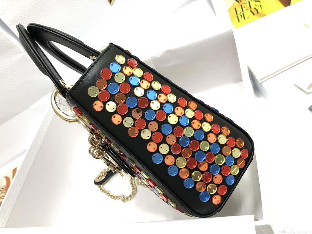 Dior S0856 Micro Lady Dior Bag Horizon Black Metallic Cannage Lambskin with multicolor embroidery sequins