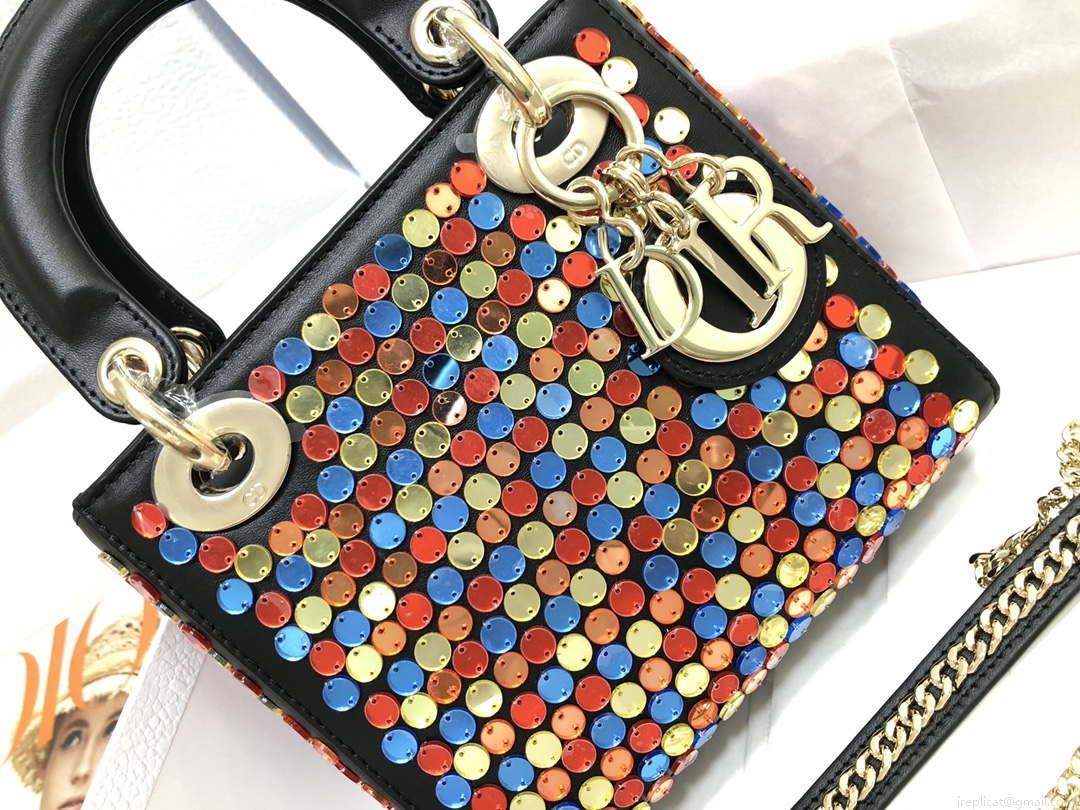 Dior S0856 Micro Lady Dior Bag Horizon Black Metallic Cannage Lambskin with multicolor embroidery sequins