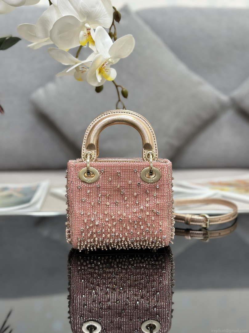 Dior S0856 MICRO LADY DIOR BAG Horizon Metallic Cannage Lambskin embroidery beads Pink