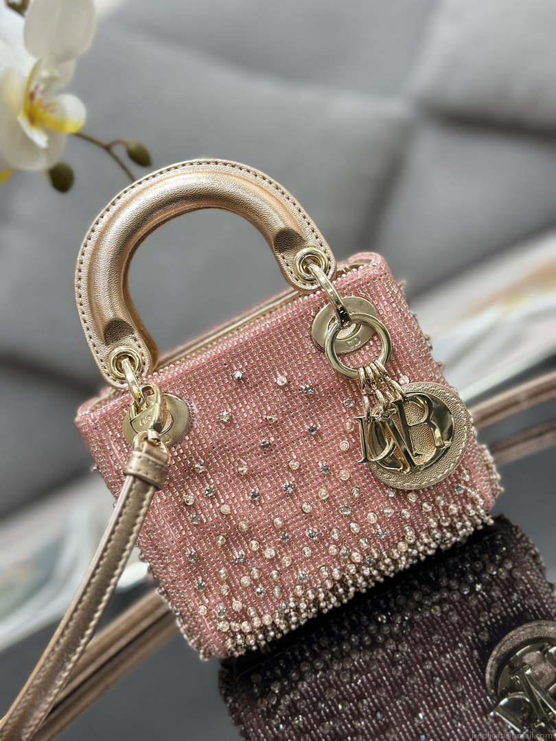 Dior S0856 MICRO LADY DIOR BAG Horizon Metallic Cannage Lambskin embroidery beads Pink