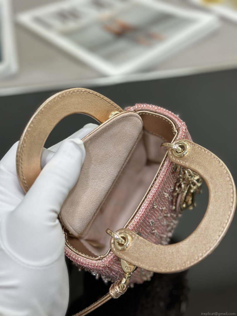 Dior S0856 MICRO LADY DIOR BAG Horizon Metallic Cannage Lambskin embroidery beads Pink