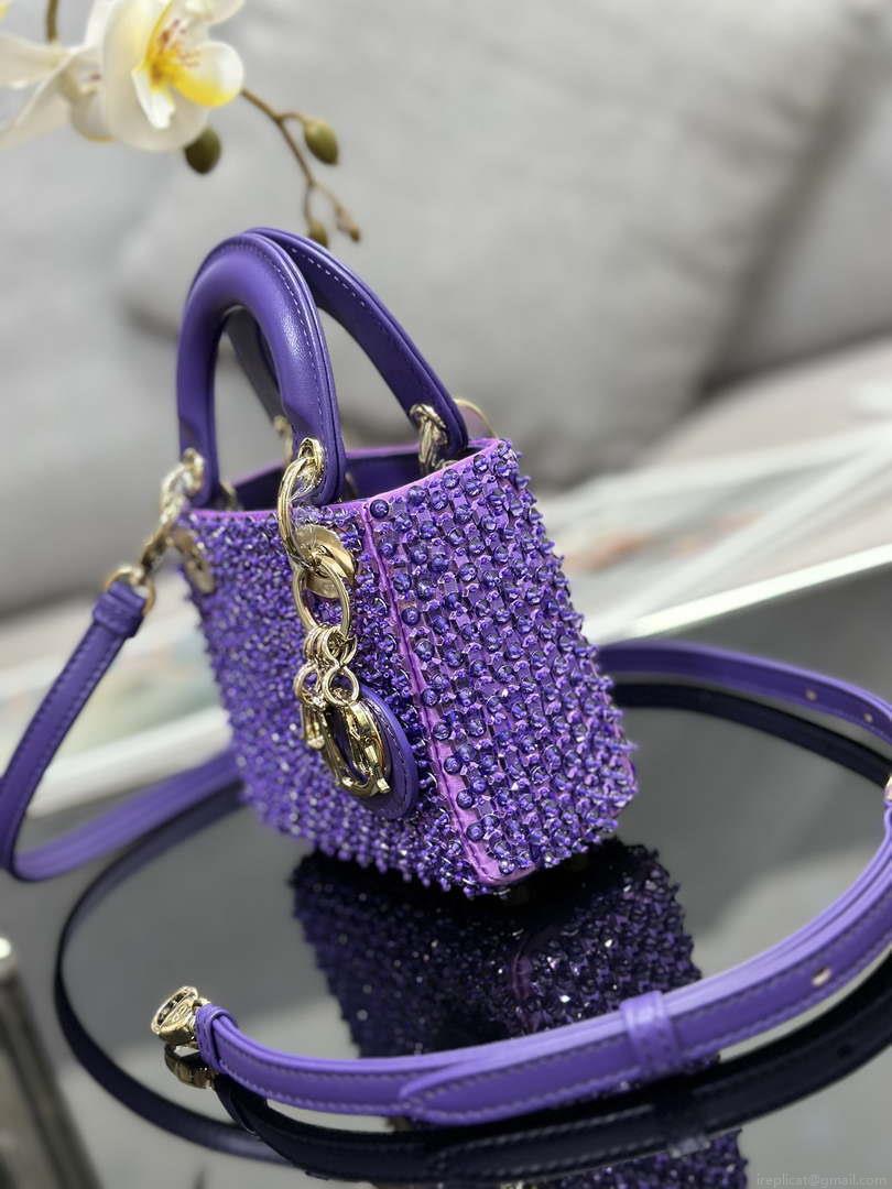 Dior S0856 MICRO LADY BAG Horizon Metallic Cannage Lambskin embroidery beads Purple