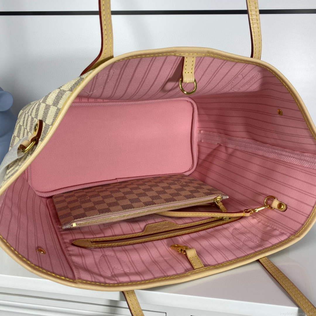 Louis Vuitton LV N41361 Neverfull MM Damier Azur Rose Ballerine Pink