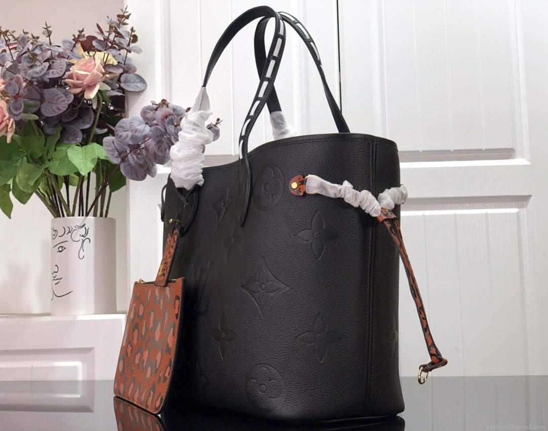 LV M45856 Louis Vuitton Neverfull MM Monogram Empreinte Leather M58525 Bag Black
