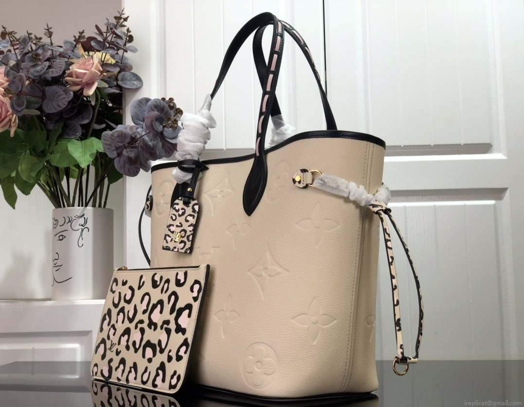 LV M58525 Louis Vuitton Neverfull MM Monogram Empreinte Leather Bag M45856 Creme