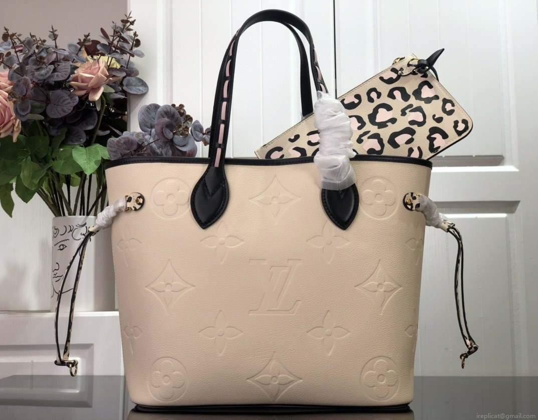 LV M58525 Louis Vuitton Neverfull MM Monogram Empreinte Leather Bag M45856 Creme