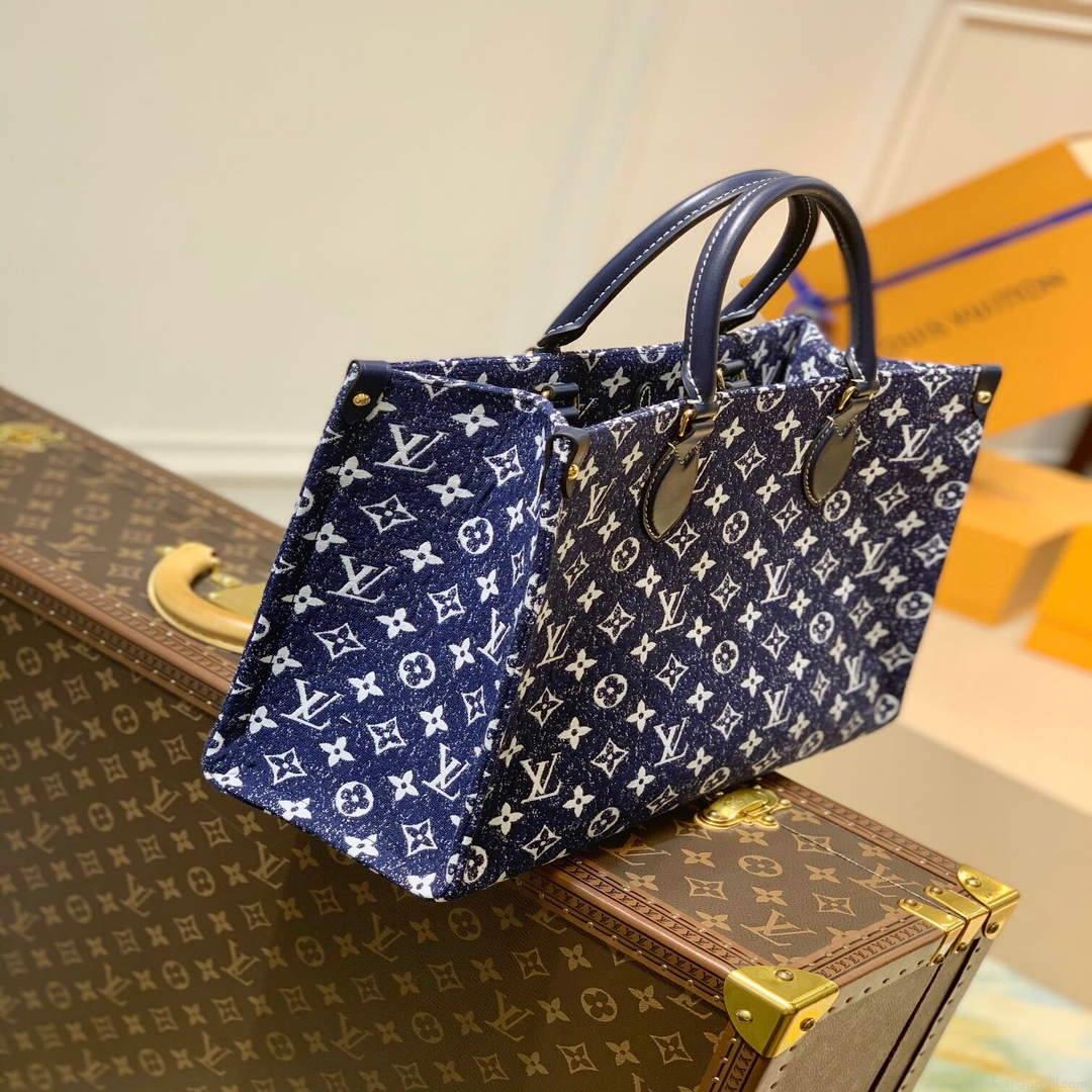 LV M59608 Louis Vuitton Onthego MM Denim Leather Bag