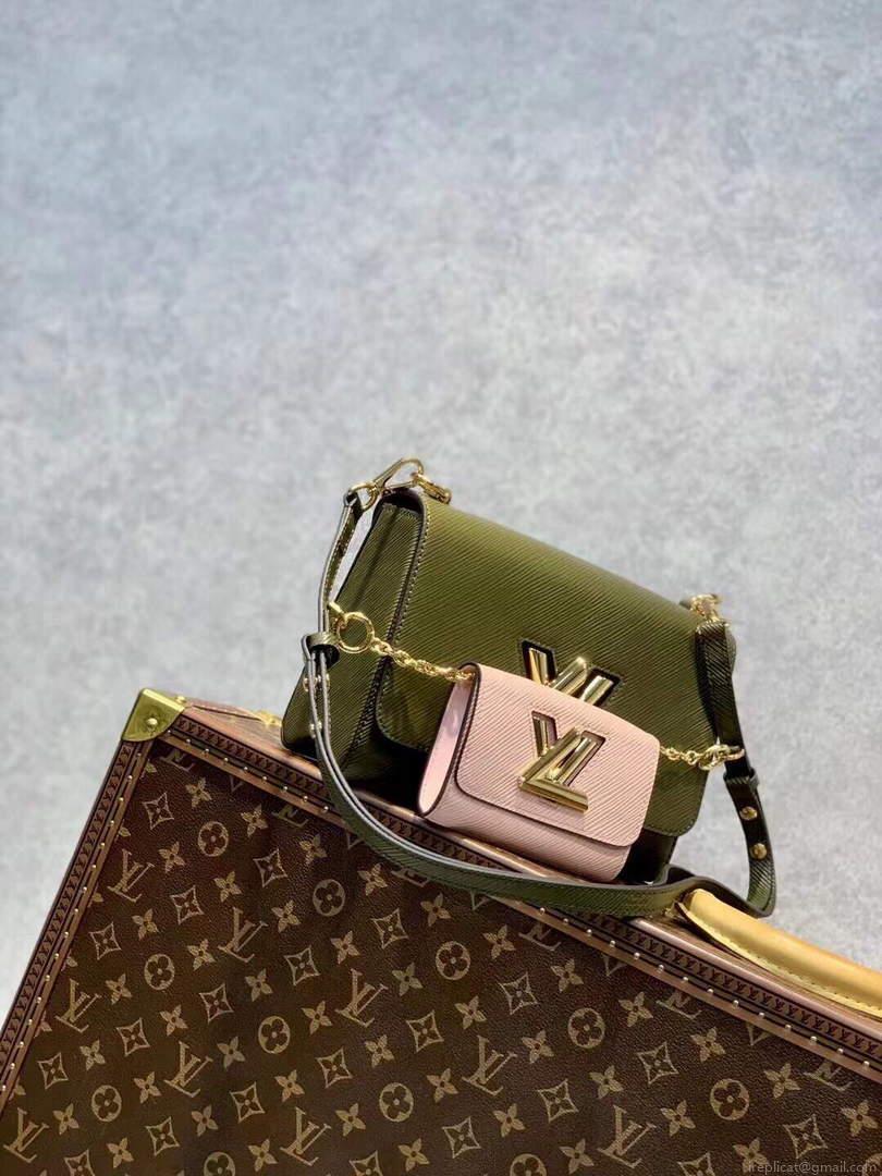 LV M59884 Louis Vuitton Twist MM Handbag Kaki / Quartz White