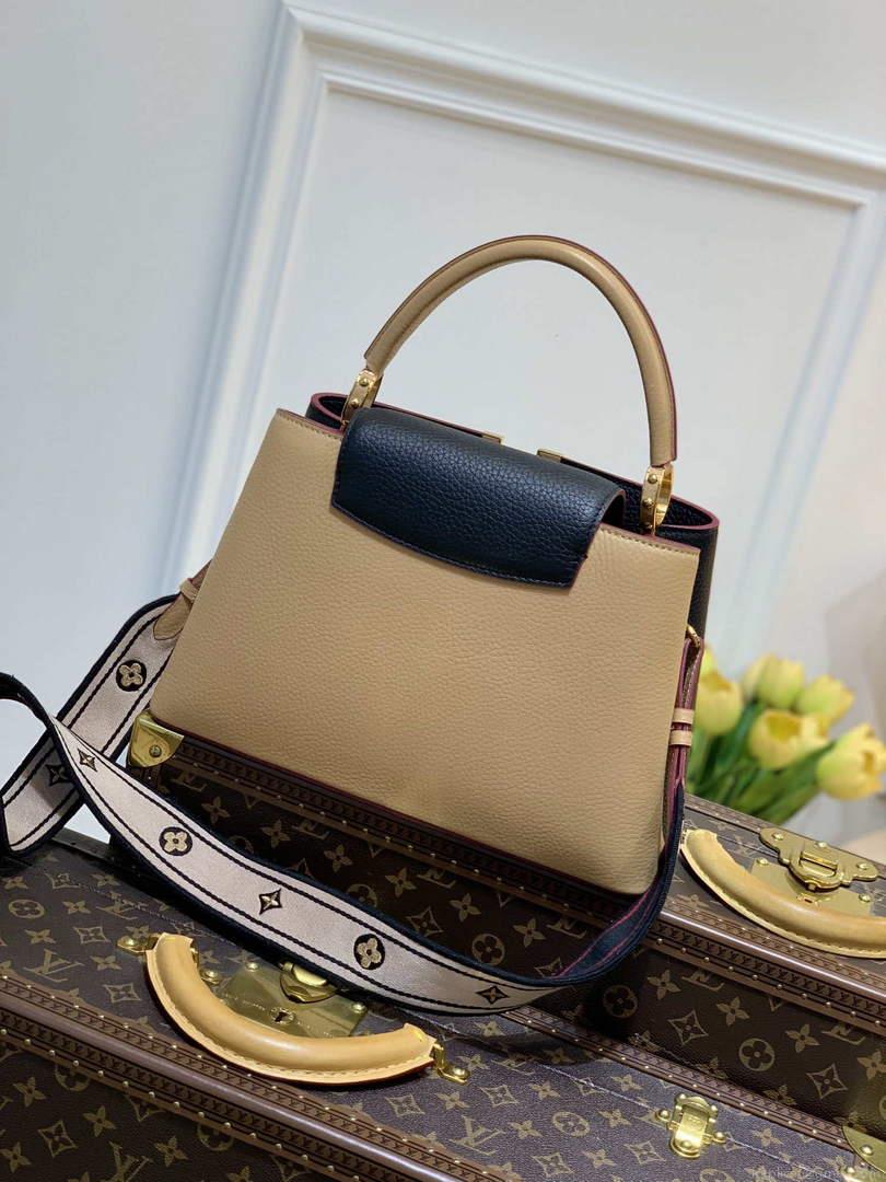 LV M58608 Louis Vuitton Capucines MM Handbag Black Apricot