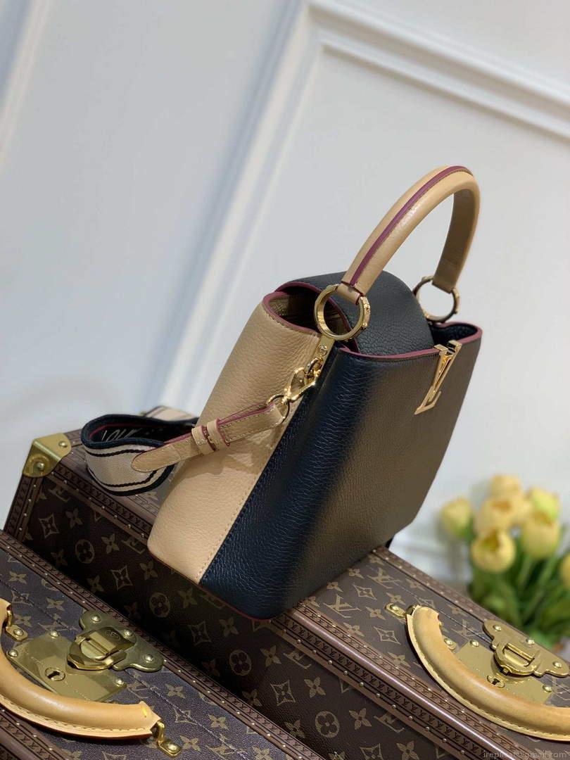 LV M58608 Louis Vuitton Capucines MM Handbag Black Apricot
