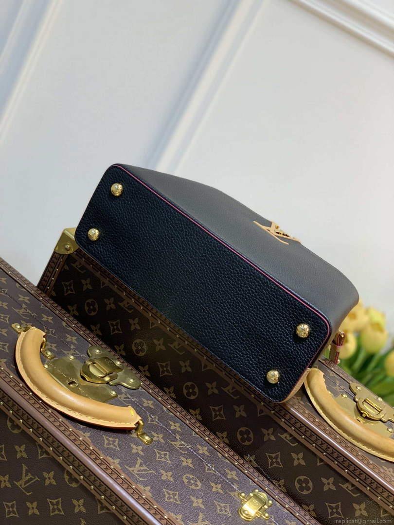 LV M58608 Louis Vuitton Capucines MM Handbag Black Apricot