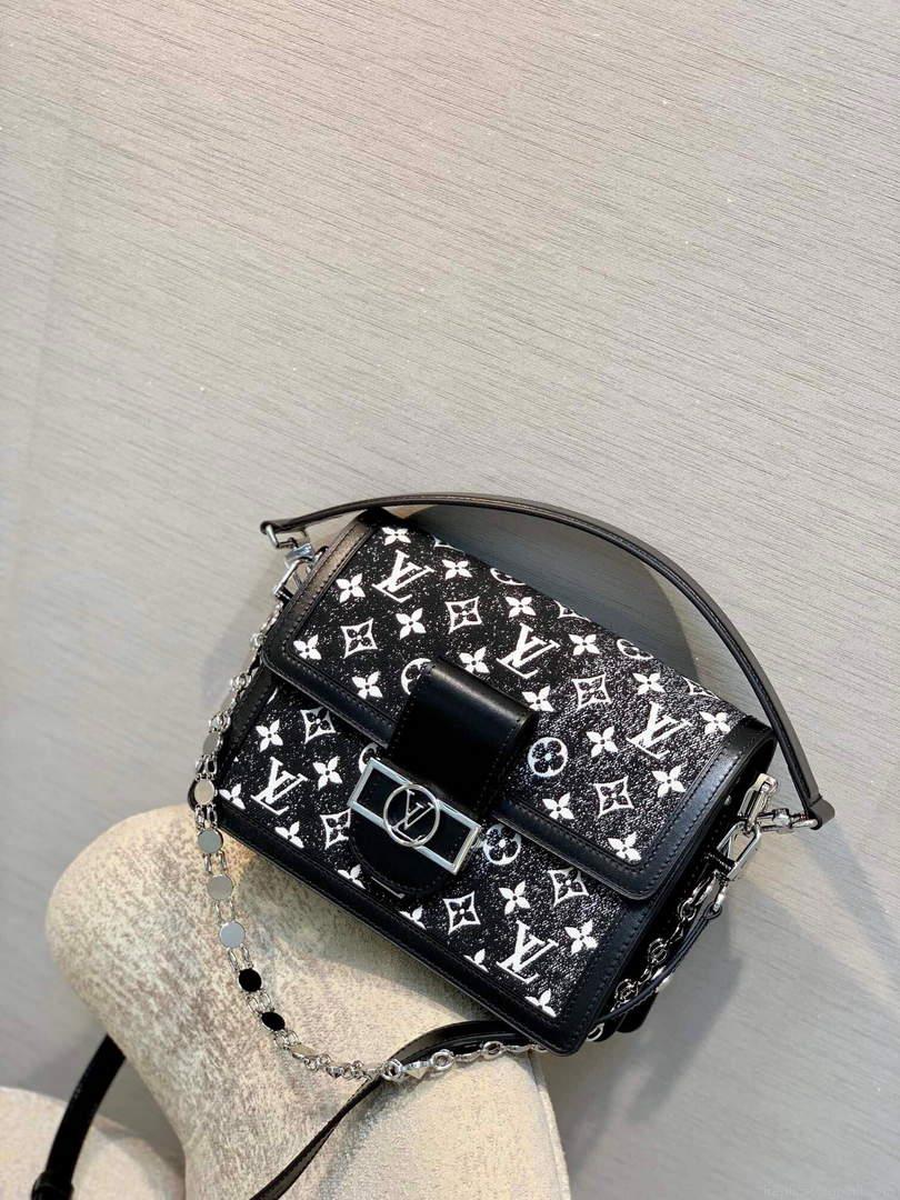 LV M59631 Louis Vuitton Dauphine MM Denim Leather Bag Black