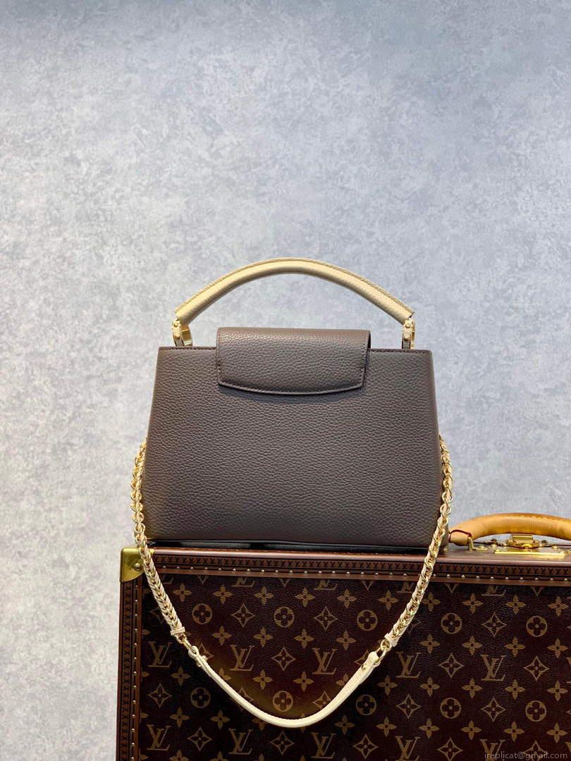 LV M59516 Louis Vuitton Capucines MM Handbag Smokey Brown Green/Crème/Pink