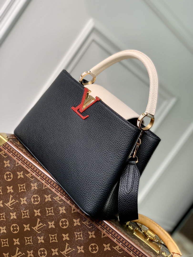 LV M21043 Louis Vuitton Capucines MM Handbag Black / Greige Doux / Scarlet