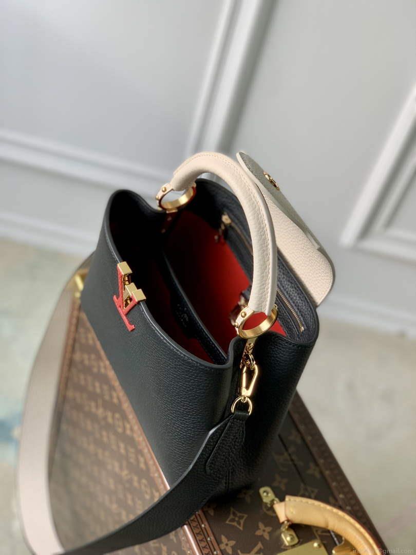 LV M21043 Louis Vuitton Capucines BB Handbag Black / Greige Doux / Scarlet