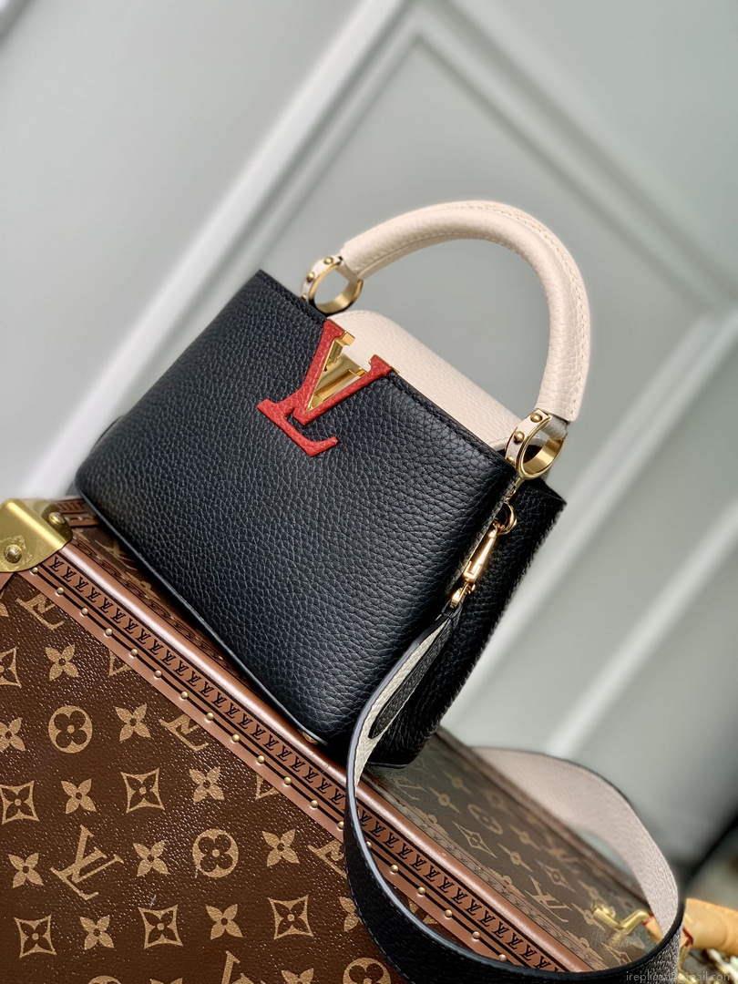 LV M21043 Louis Vuitton Capucines Mini Handbag Black / Greige Doux / Scarlet