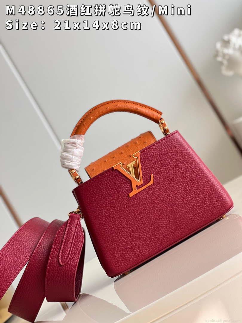 LV M48865 Louis Vuitton Capucines Mini Bag Stitched ostrich leather Wine Red